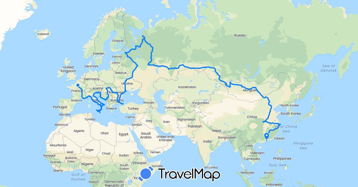TravelMap itinerary: driving, van and zen in China, France, Croatia, Hungary, Italy, Montenegro, Mongolia, Romania, Russia, Slovenia, Turkey, Ukraine (Asia, Europe)